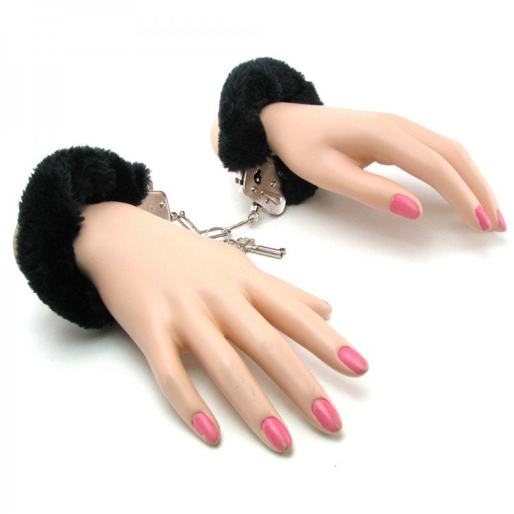 Black Furry Hand Cuffs Image